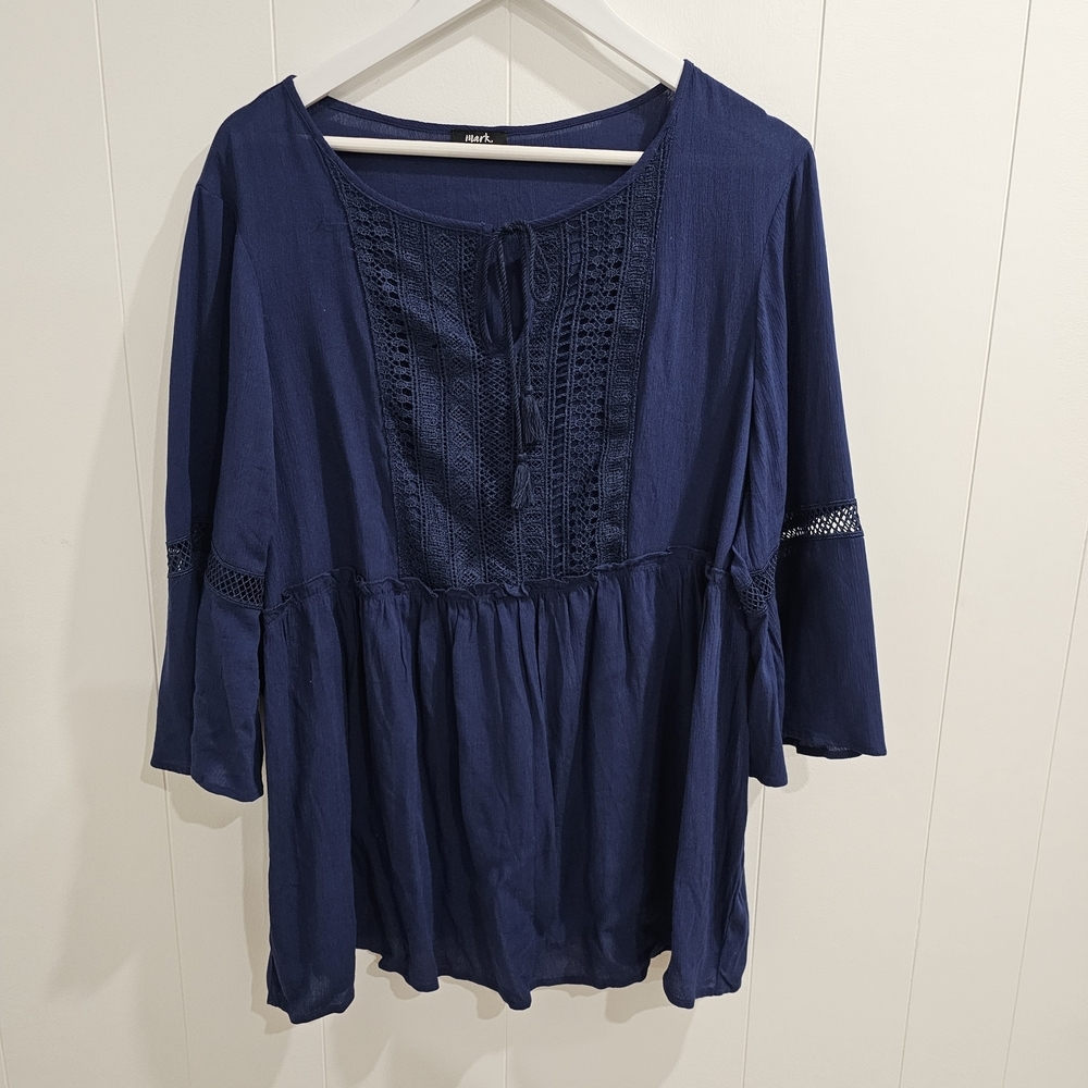 Mark 1X 18W 20W Navy Blue Boho Peasant Blouse Lace Trim Tassel Tie Flare Sleeve